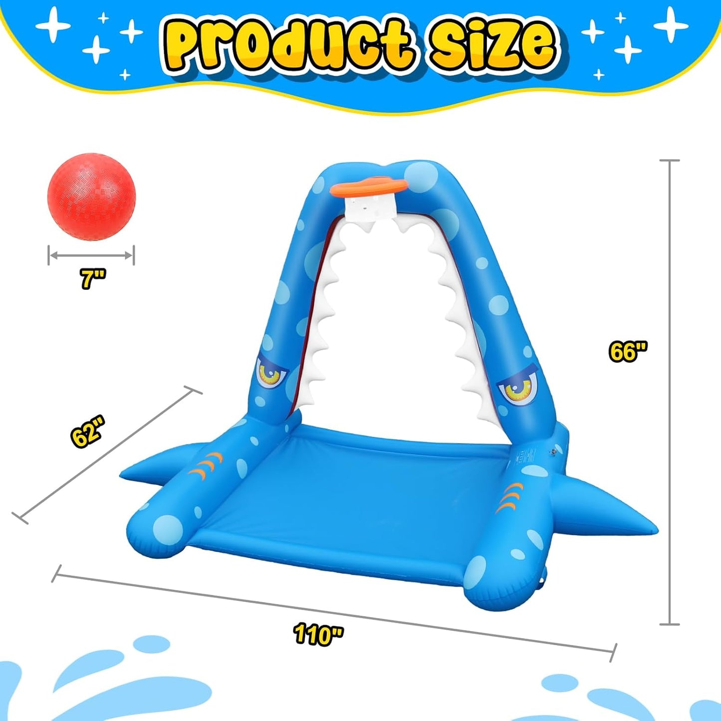 JOSEN Sprinkler for Kids Outdoor Play, Giant Inflatable Shark Water Toys Splash Pad with Basketball Hoop, Fun Sprinkler Summer Outdoor Game for 3-8 Years Old Children Boys Girls Gift