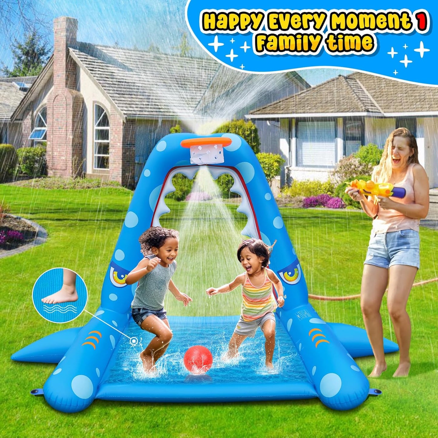 JOSEN Sprinkler for Kids Outdoor Play, Giant Inflatable Shark Water Toys Splash Pad with Basketball Hoop, Fun Sprinkler Summer Outdoor Game for 3-8 Years Old Children Boys Girls Gift
