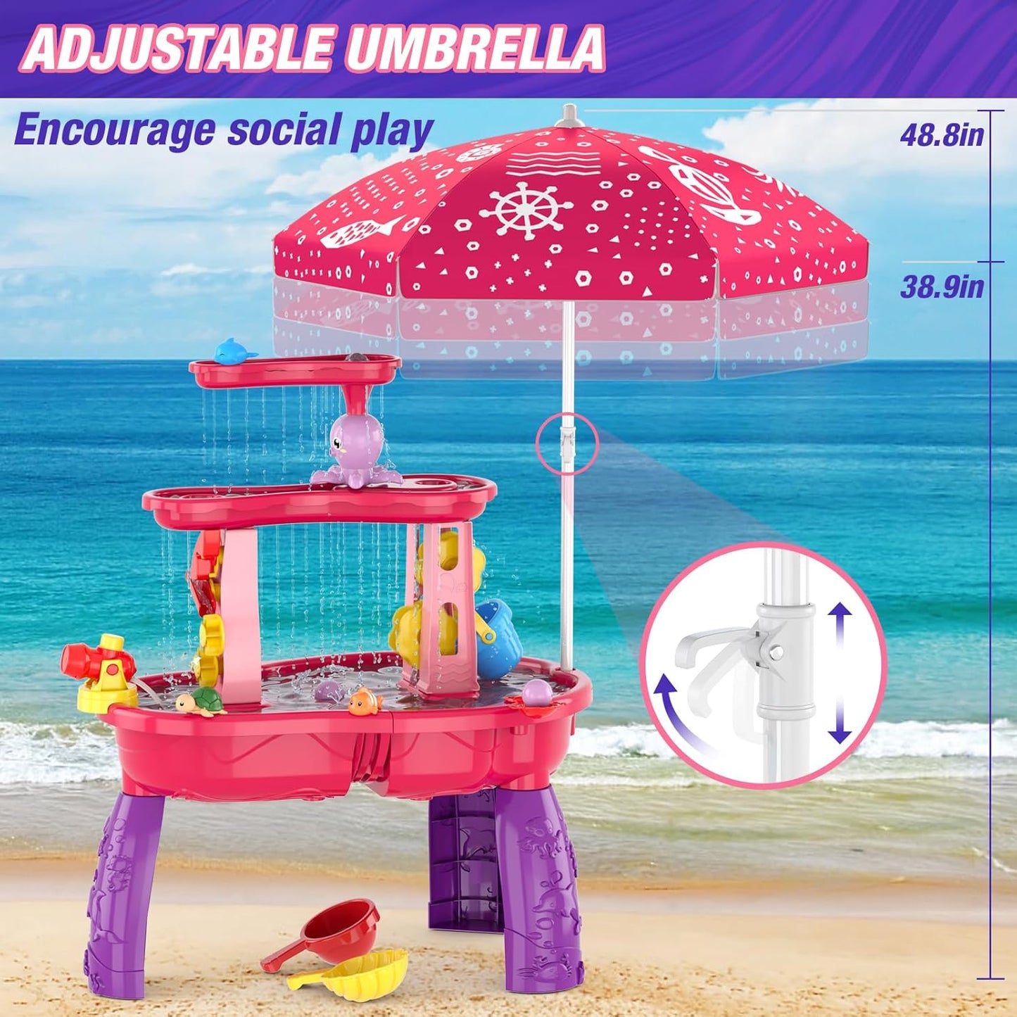 Water Table for Toddlers 3-5, 3-Tier Kids Splash Sand Table Water Toys with Umbrella, Rain Showers Splash Pond for Outdoor Beach Backyard Summer, Activity Sensory Playset for Boys Girls, Blue