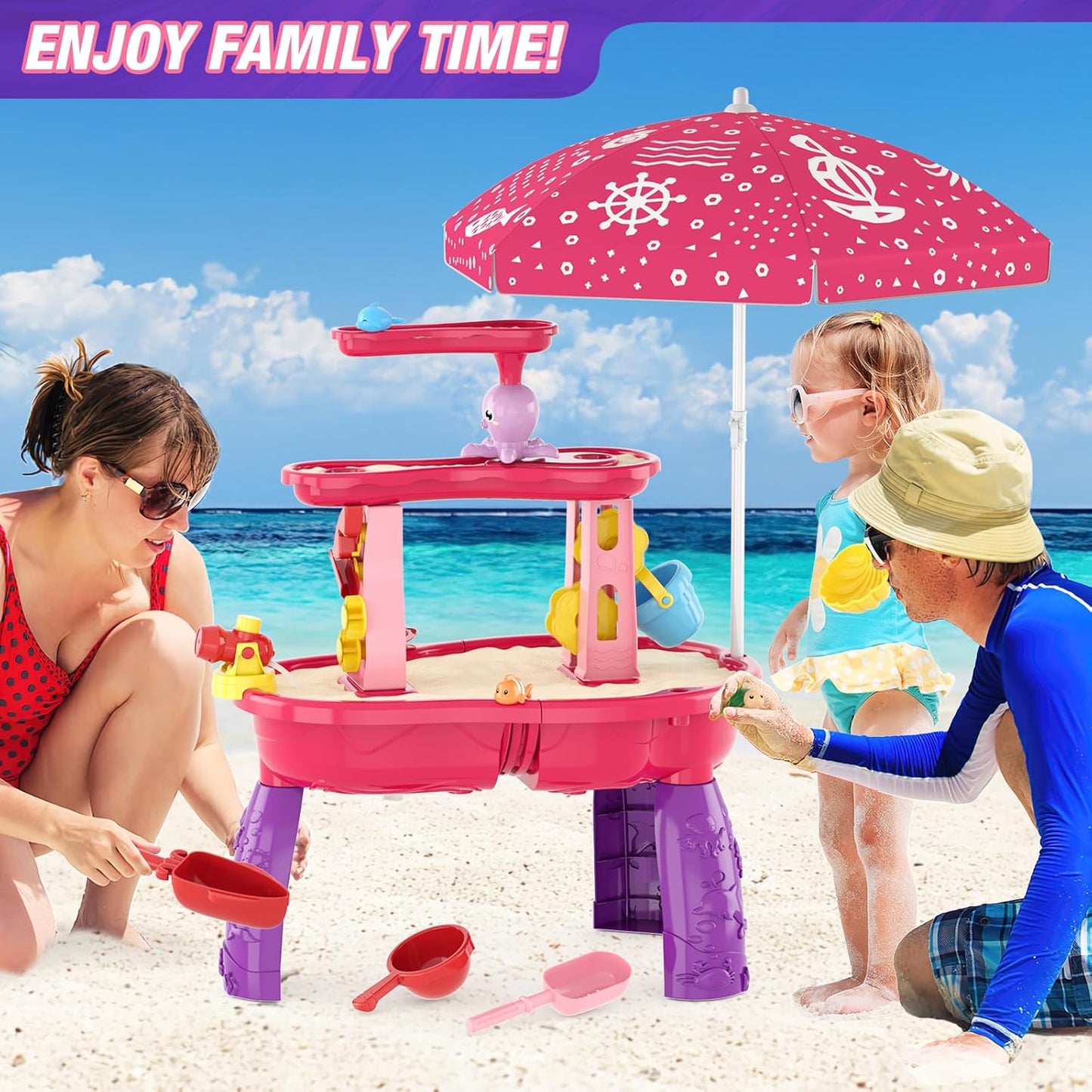 Water Table for Toddlers 3-5, 3-Tier Kids Splash Sand Table Water Toys with Umbrella, Rain Showers Splash Pond for Outdoor Beach Backyard Summer, Activity Sensory Playset for Boys Girls, Blue